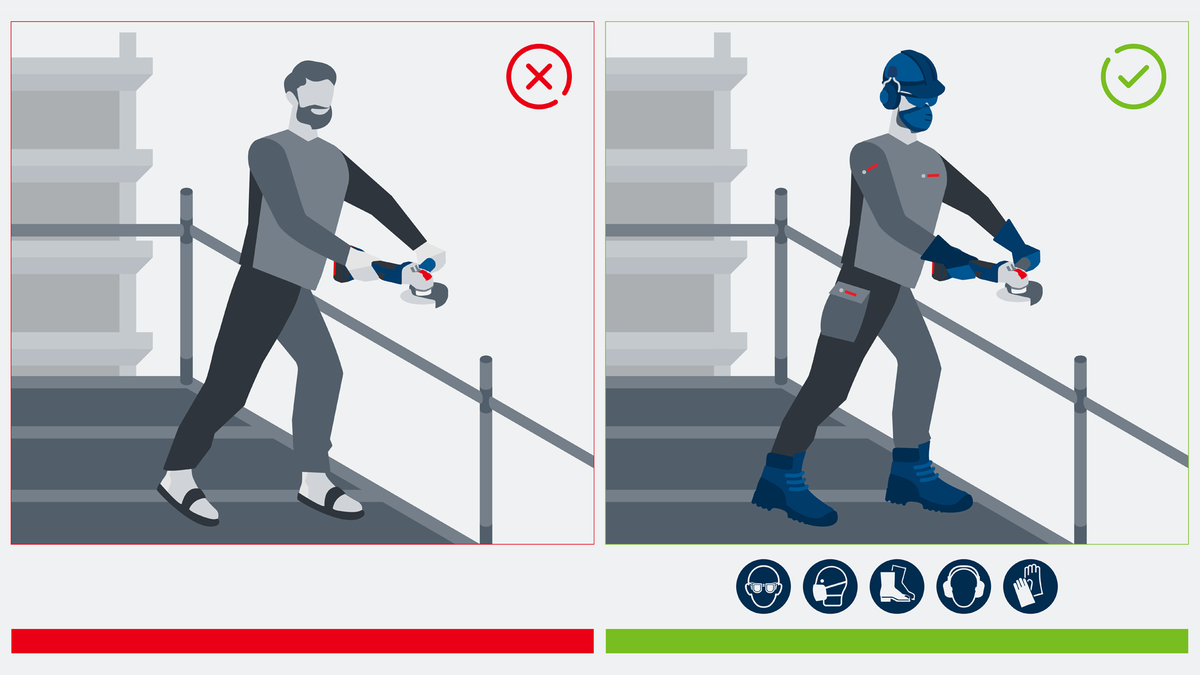 Object #200382364: FAQ_Illustrations_DiamondCuttingDisc_Illu_1 ผู้ใช้เครื่องเจียรบนนั่งร้านโดยสวมอุปกรณ์ป้องกันความปลอดภัยอยู่ทางด้านขวา.