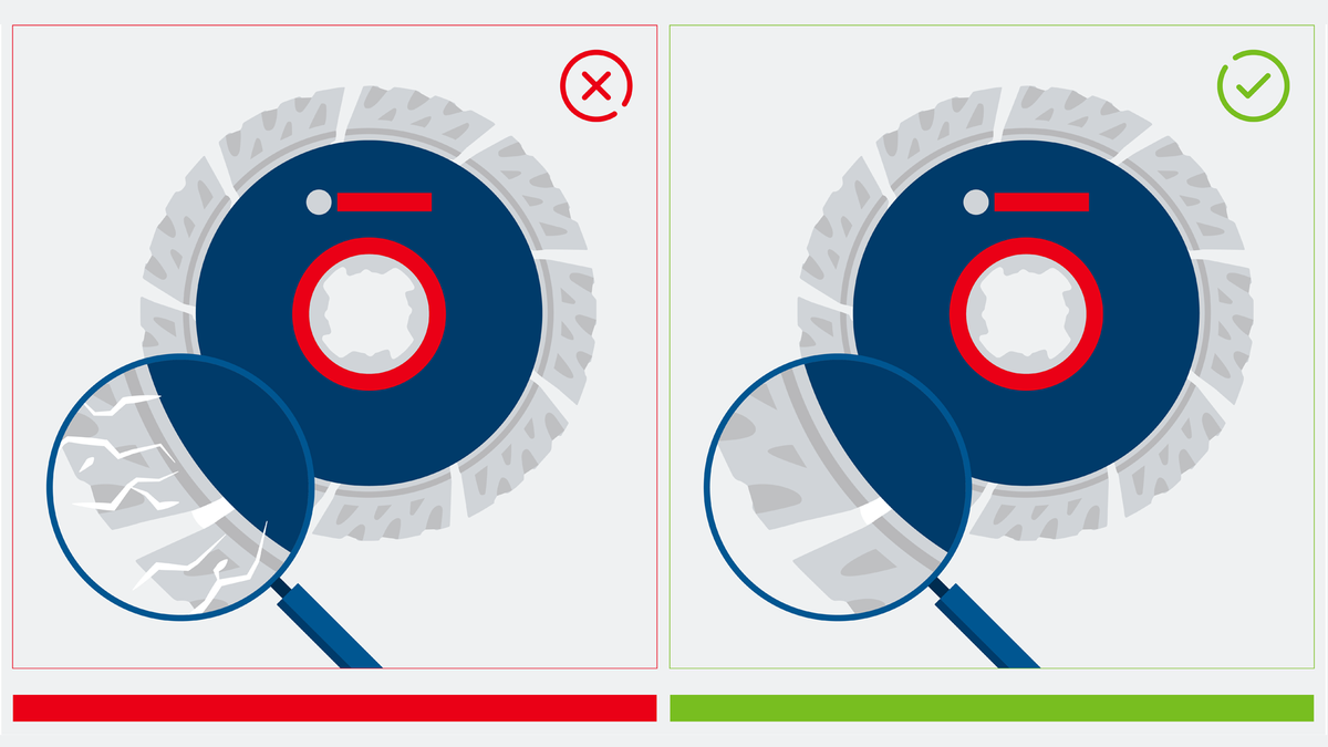 Object #200382365: FAQ_Illustrations_DiamondCuttingDisc_Illu_1.2 แว่นขยายตรวจสอบแผ่นตัดเพื่อเปรียบเทียบขอบใบมีดที่สึกหรอและสมบูรณ์.