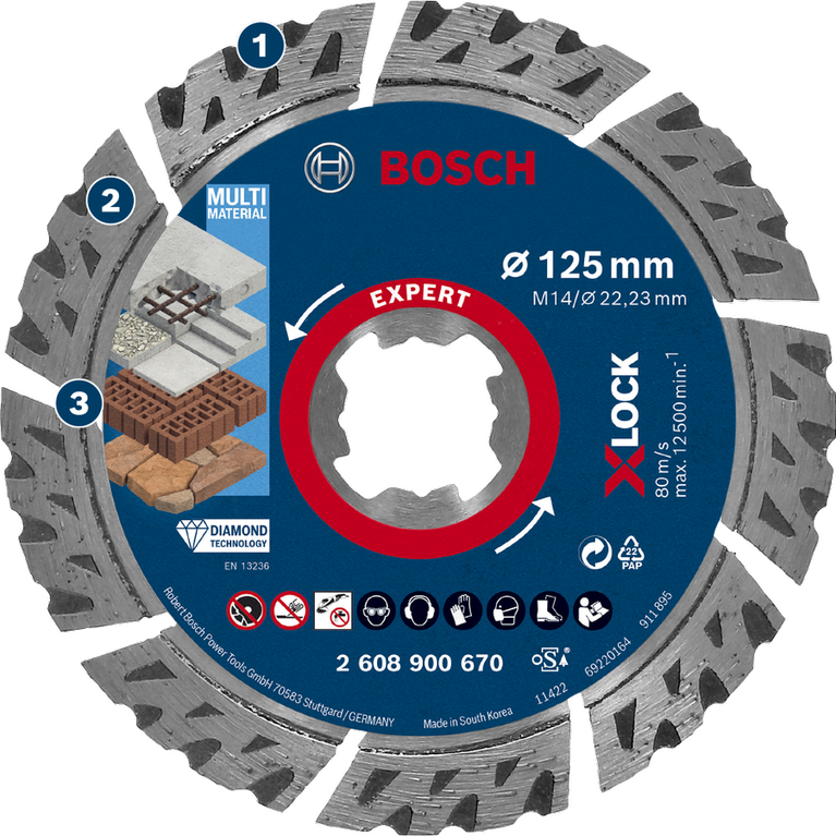 ใบตัดเพชร Bosch Expert X-LOCK ขนาด 125 มม. สำหรับวัสดุหลายชนิด.