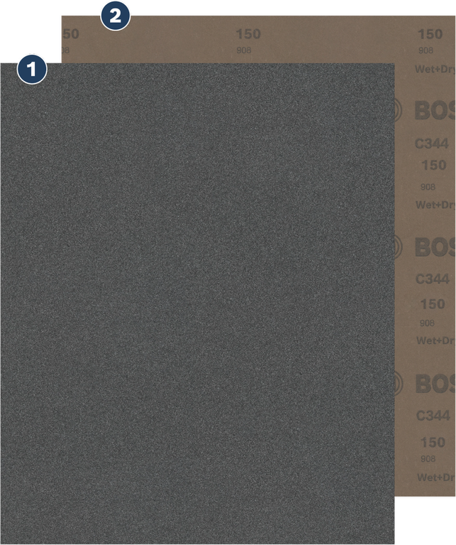การขัดแบบเปียกและแห้งที่มีอายุการใช้งานยาวนาน กระดาษทรายแผ่น Bosch C344 เบอร์ 150 สำหรับการใช้งานแบบเปียกและแห้ง