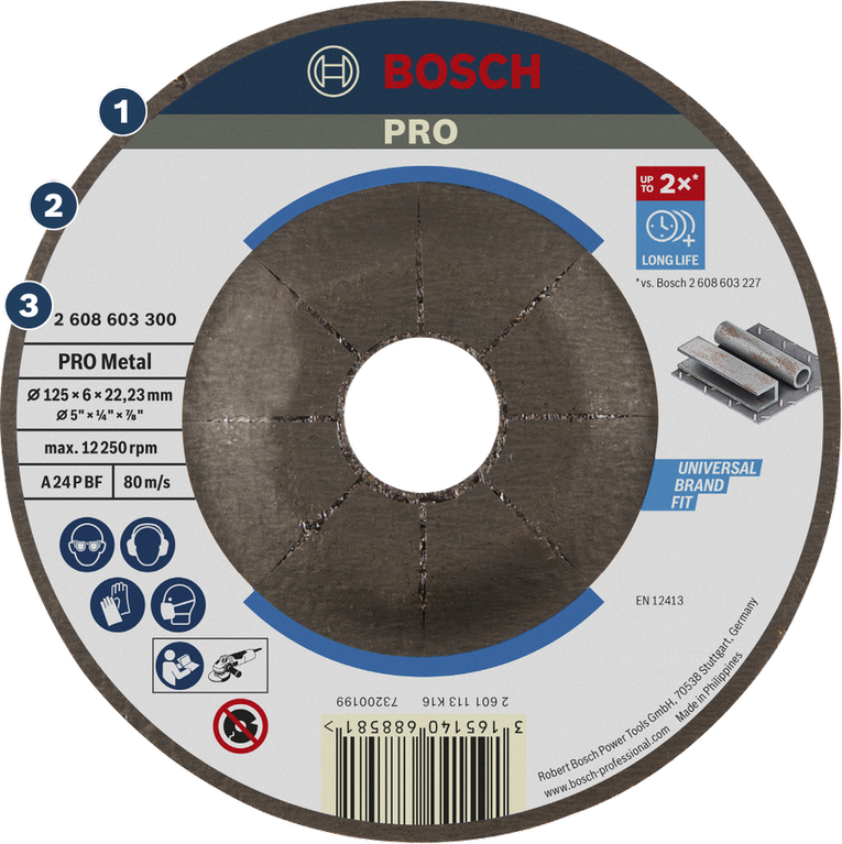 การขัดผิวโลหะได้อย่างยาวนาน ใบเจียรโลหะ Bosch PRO ขนาด 125 มม. เพื่ออายุการใช้งานยาวนาน