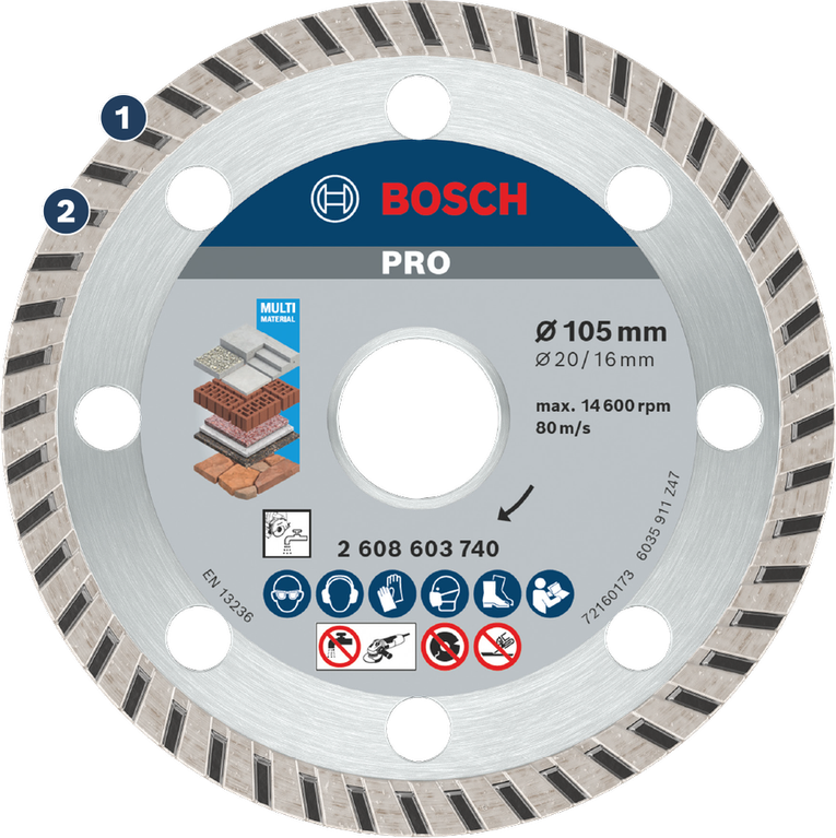 การตัดวัสดุก่อสร้างต่างๆ อย่างรวดเร็ว ใบตัดเพชร Bosch PRO Multi Material ขนาด 105 มม. สำหรับการตัด