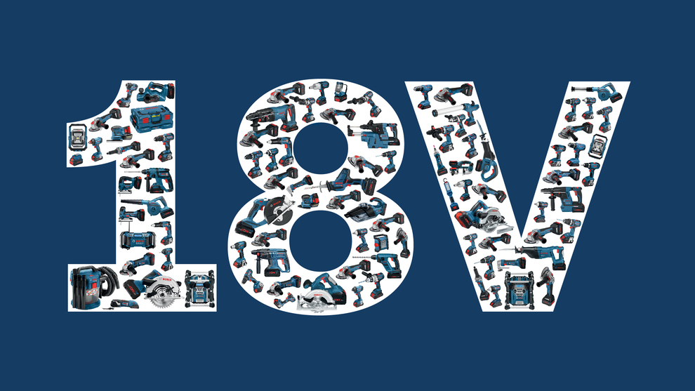 เครื่องมือ Bosch Professional หลายชนิดเรียงในรูปเลข 18 บนพื้นหลังสีน้ำเงิน