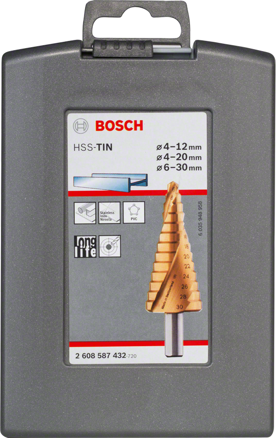 ชุดดอกสว่านเจาะขั้นบันได Bosch HSS-TiN ขนาด 4-30 มม. พร้อมกล่องเก็บ