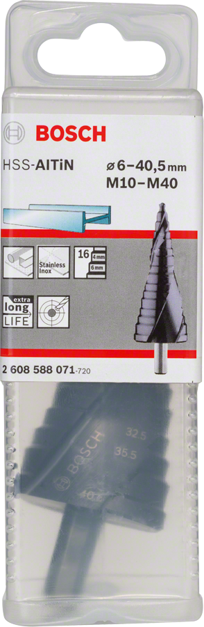 ดอกสว่านเจาะขั้นบันได Bosch HSS-AlTiN สำหรับรูขนาด M10-M40