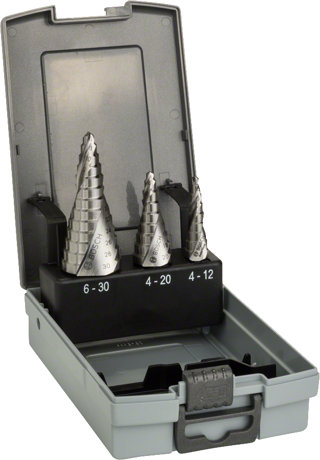 ชุดดอกสว่านขั้นบันได HSS 3 ชิ้น Bosch ในกล่องเก็บของ.