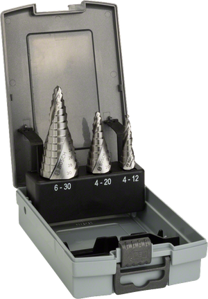 ชุดดอกสว่านขั้นบันได HSS 3 ชิ้น Bosch ในกล่องเก็บของ.
