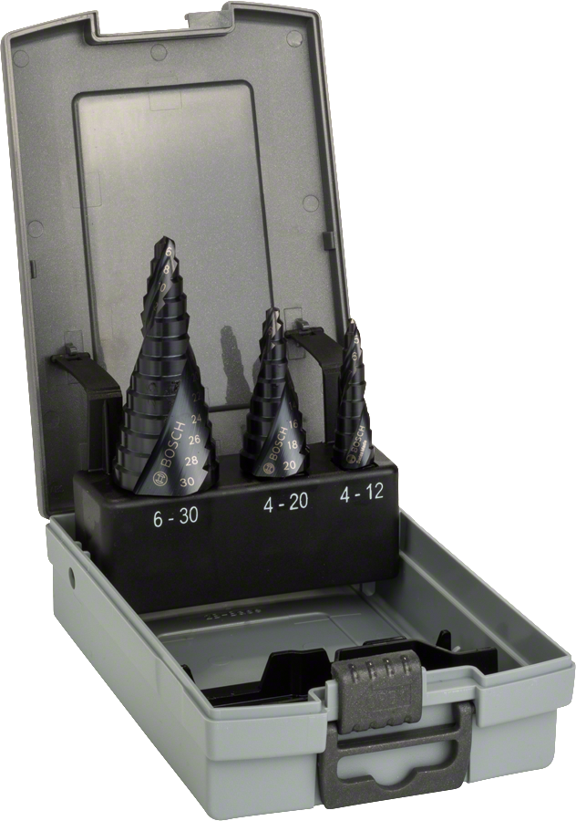 ชุดดอกสว่านขั้นบันได 3 ชิ้น HSS-AlTiN Bosch ในกล่อง.