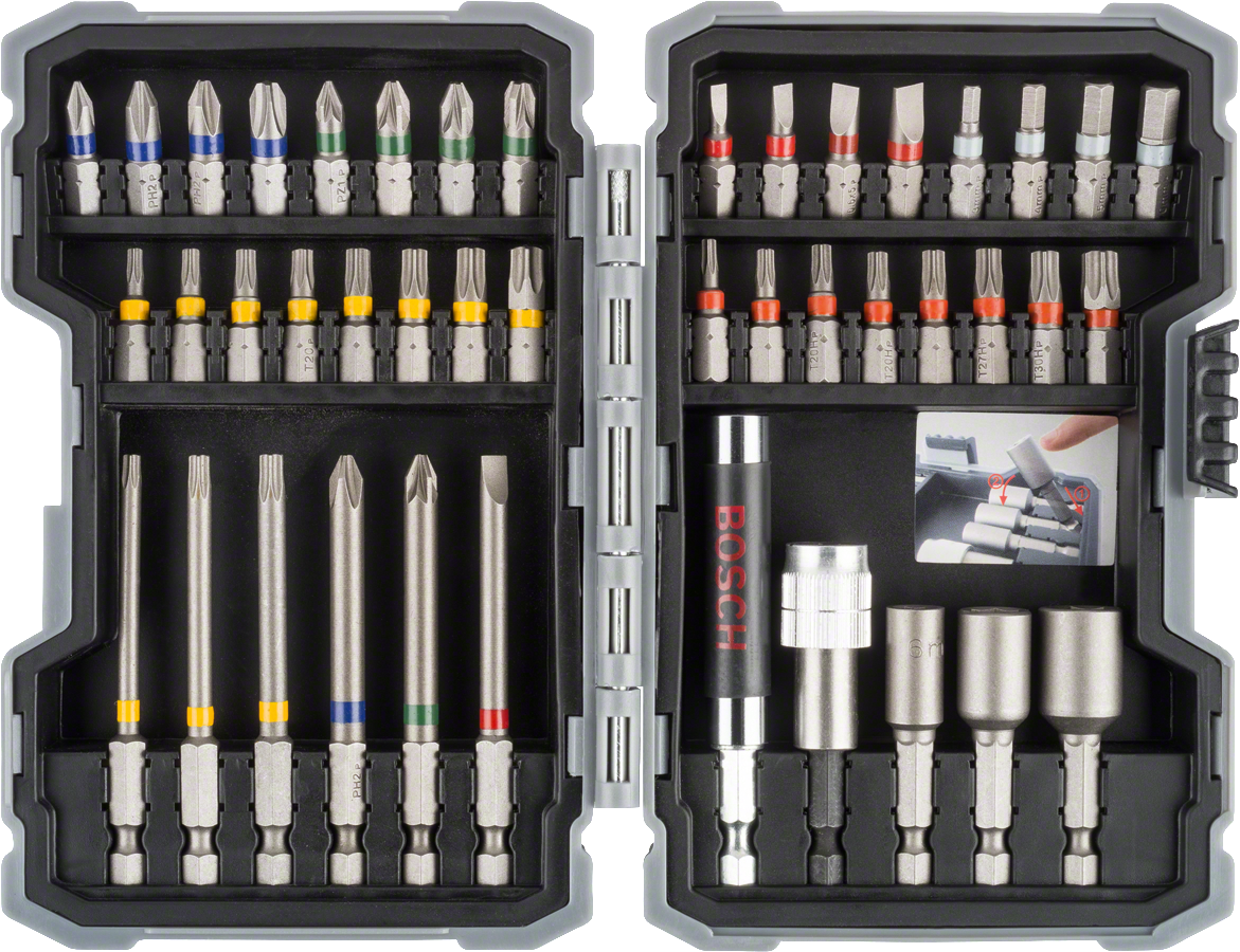 ชุดดอกไขควงกระแทก Bosch 43 ชิ้น พร้อมดอกไขควงที่มีรหัสสี.