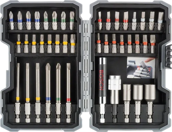 ชุดดอกไขควงกระแทก Bosch 43 ชิ้น พร้อมดอกไขควงที่มีรหัสสี.