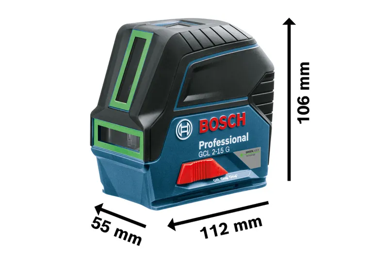 เลเซอร์ผสม Bosch GCL 2-15 G พร้อมขนาดที่แสดง.