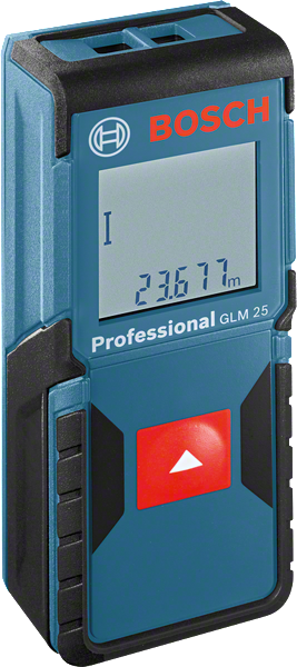 เครื่องวัดระยะเลเซอร์ Bosch GLM 25 พร้อมจอแสดงระยะทางแบบดิจิตอล.