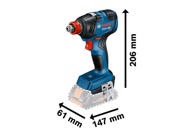 ไขควงกระแทก Bosch GDX 18V-200 ตามขนาดที่แสดง.