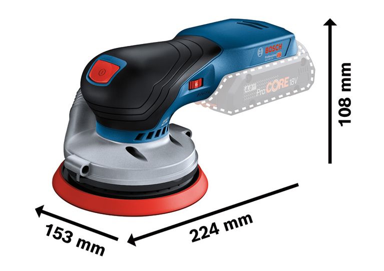 ขนาดเครื่องขัดแบบสุ่มวงโคจรไร้สาย Bosch GEX 18V-125 ที่แสดงไว้.