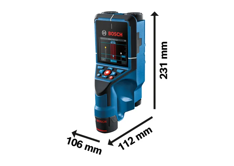 เครื่องสแกนผนัง Bosch D-tect 200 C พร้อมจอแสดงผลและขนาด.