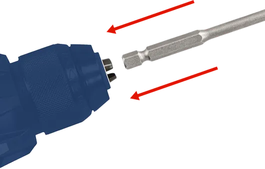 ภาพแสดงการใส่ดอกสว่านหกเหลี่ยมเข้าไปในหัวจับของสว่านไฟฟ้า โดยมีลูกศรบอกทิศทางกำกับอยู่