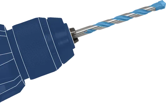 หัวจับดอกสว่านจะยึดดอกสว่านแบบเกลียวที่มีปลายสีน้ำเงิน.