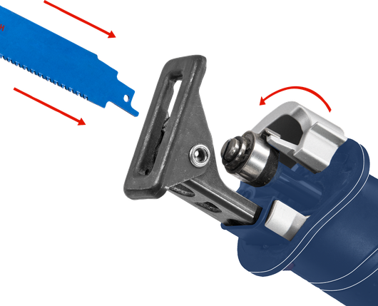 เลื่อยตัดโลหะแบบมีใบเลื่อยสีน้ำเงินแยกชิ้น พร้อมตำแหน่งสำหรับการติดตั้ง.