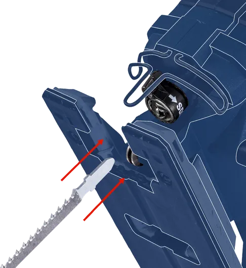 การใส่ใบเลื่อยจิ๊กซอว์เข้าไปในเครื่องมือพร้อมแนวทางการประกอบที่มีโครงร่างไว้.