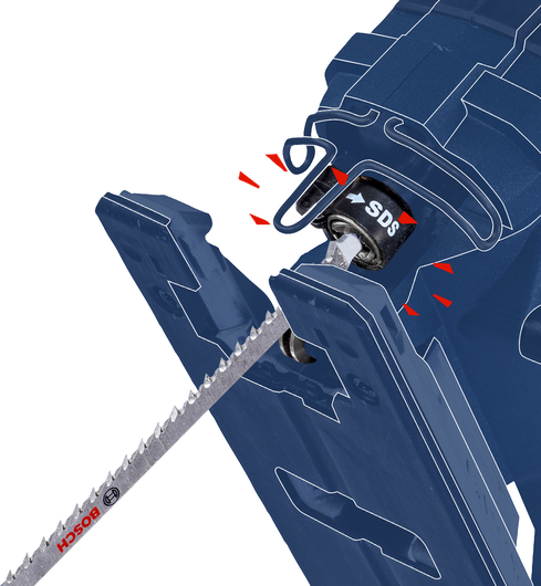 ใบเลื่อยจิ๊กซอว์ถูกใส่เข้าไปในกลไกเปลี่ยนใบเลื่อยแบบรวดเร็ว