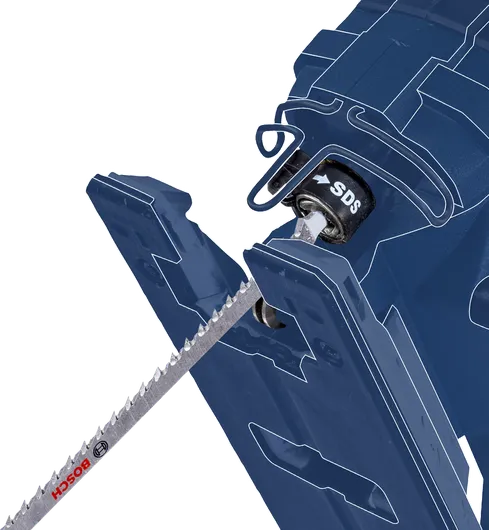 การใส่ใบเลื่อยจิ๊กซอว์เข้าไปในเครื่องมือไฟฟ้าที่มีกลไกปลดเร็วแบบ SDS