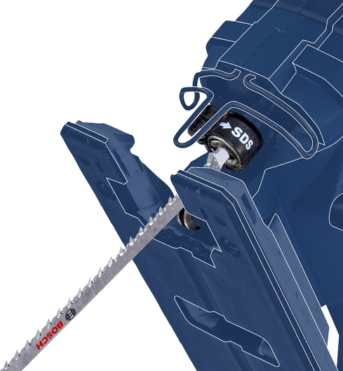 ภาพระยะใกล้ของเครื่องมือจิ๊กซอว์ที่แสดงการติดตั้งใบเลื่อยด้วยระบบเปลี่ยนเร็ว SDS.