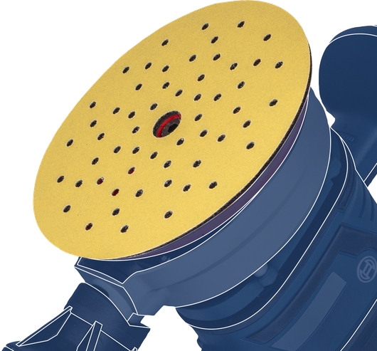 เครื่องขัดกระดาษทรายแบบวงโคจร พร้อมแผ่นขัดกระดาษทรายเจาะรูสีเหลืองที่ติดอยู่