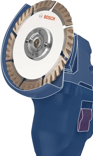 เครื่องเจียรแบบมุมพร้อมหัวตัดเพชร ตัวเครื่องแสดงเป็นสีน้ำเงิน.