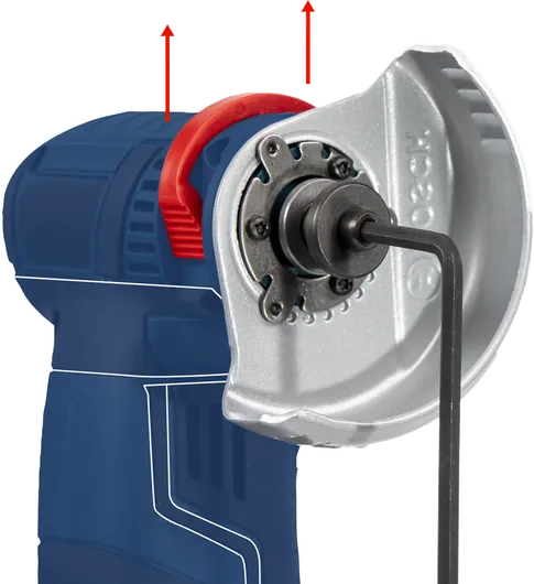 ใช้ประแจหกเหลี่ยมปรับตัวป้องกันบนเครื่องเจียรไฟฟ้า