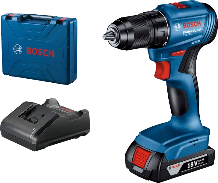 สว่านไร้สาย Bosch GSR 185-LI พร้อมแบตเตอรี่และเคส.
