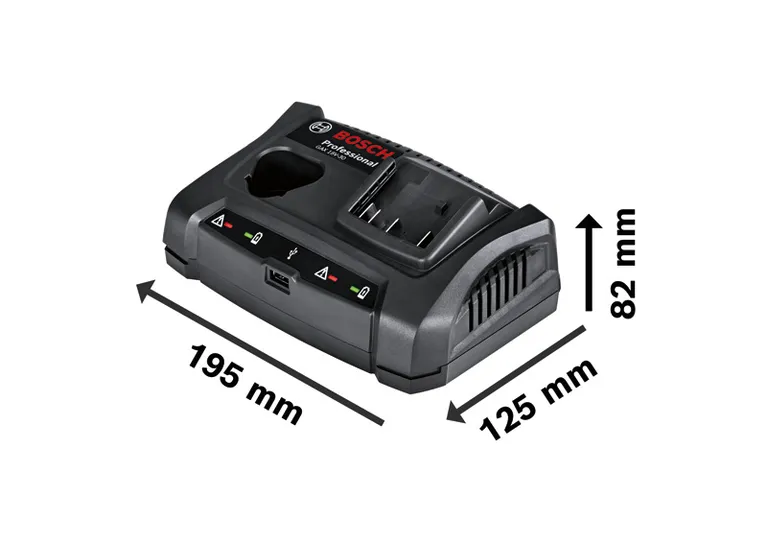 เครื่องชาร์จ Bosch GAX 18V-30 ตามขนาดที่แสดง