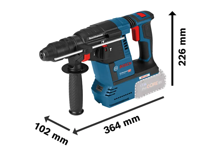 สว่านโรตารี่ Bosch GBH 18V-26 F พร้อมแบตเตอรี่ ProCORE 18V ขนาดที่แสดง.