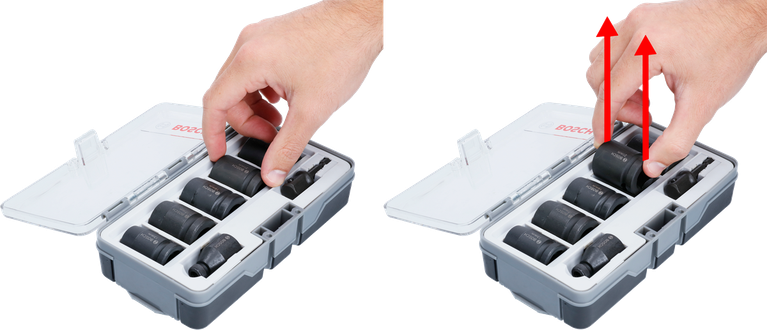 บุคคลหยิบลูกประแจออกจากชุดลูกประแจ 7 ชิ้นในกล่องพลาสติก