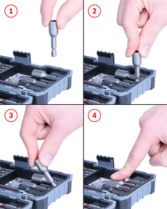 ชายคนหนึ่งกำลังวางที่ยึดดอกสว่านลงในกล่องเครื่องมือ