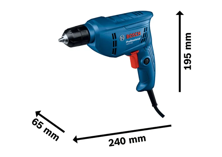 สว่านรุ่น Bosch GBM 400 ที่มีดีไซน์สีน้ำเงินตามหลักสรีรศาสตร์.
