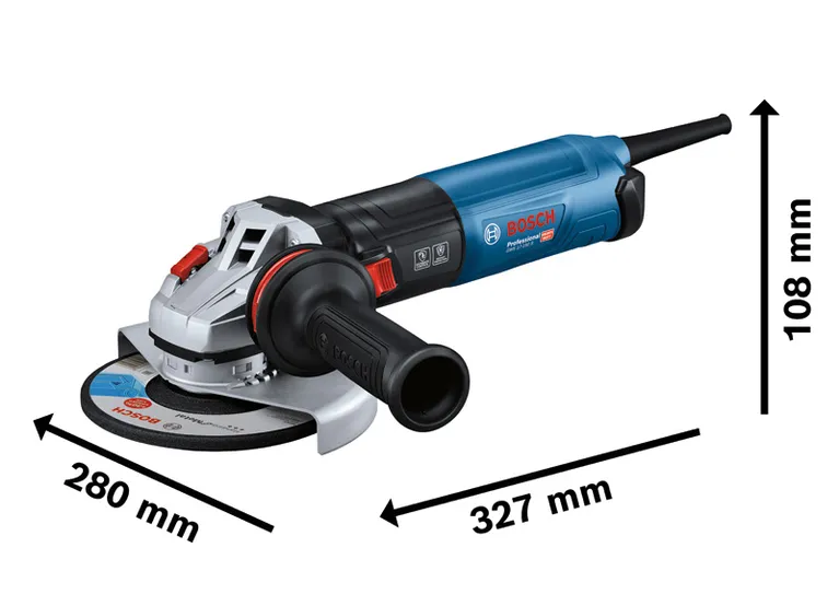 เครื่องเจียรไฟฟ้า Bosch GWS 17-150 S พร้อมด้ามจับและขนาดตามข้อมูลจำเพาะ.