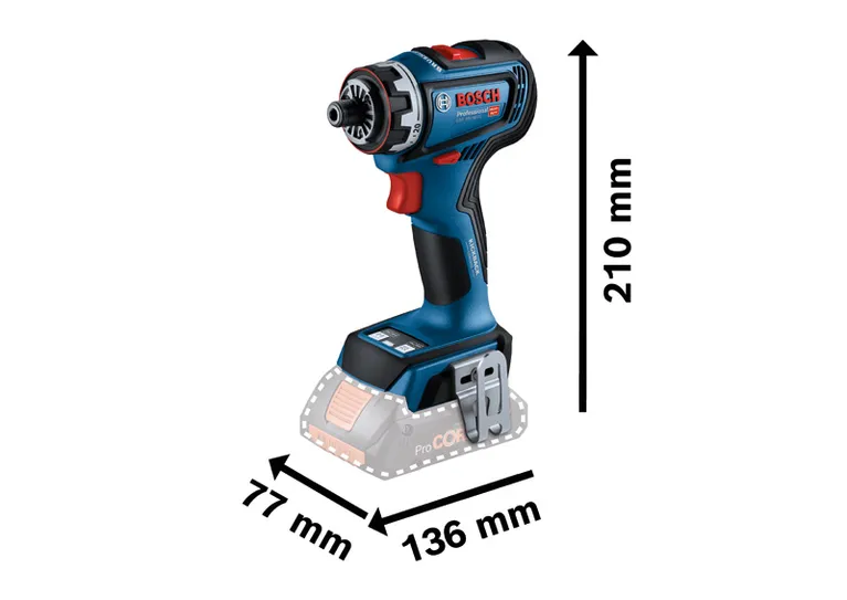 สว่านไร้สาย Bosch GSR 18V-90 FC ตามขนาดที่แสดง.