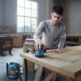 บุคคลที่สวมอุปกรณ์ด้านความปลอดภัยกำลังขัดประตูไม้ด้วยเครื่องขัดกระดาษทรายแบบวงกลมที่เชื่อมต่ออยู่.