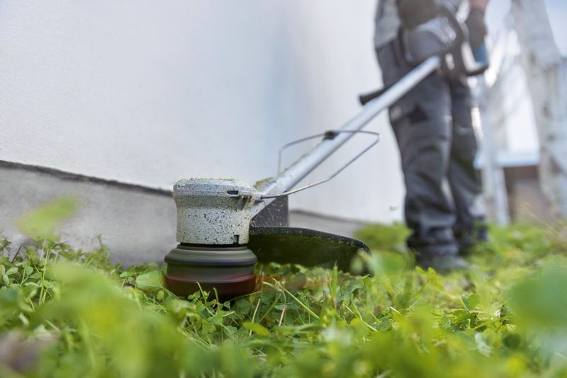 บุคคลที่สวมอุปกรณ์ด้านความปลอดภัยกำลังตัดหญ้าตามผนังโดยใช้เครื่องตัดหญ้าไร้สาย.