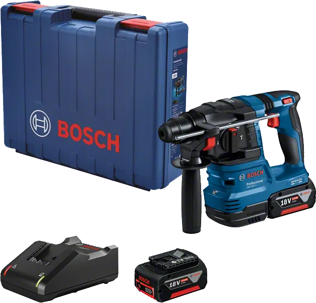 Bosch GBH 185-LI สว่านโรตารี่ไร้สายพร้อมแบตเตอรี่ เครื่องชาร์จ และเคส.