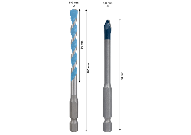EXPERT HEX-9 Hard Ceramic และชุด HEX-9 Multi Construction Set, 6 มม., 2 ชิ้น ชุดดอกสว่าน Bosch HEX-9 ขนาด 6 มม. สำหรับเซรามิกแข็งและโครงสร้างหลายประเภท.