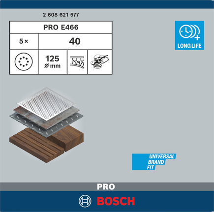 แผ่นขัด Bosch PRO E466 ขนาด 125 มม. G40 สำหรับงานไม้และโลหะ