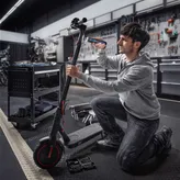 คนๆ หนึ่งคุกเข่าและใช้ไขควงไร้สายซ่อมสกู๊ตเตอร์ไฟฟ้า.