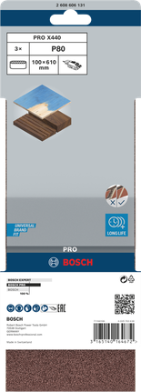 สายพานกระดาษทรายขัด PRO X440 100 x 610 มม. G80 3 ชิ้น Bosch PRO X440 กระดาษทรายสายพาน 100×610 มม. G80 3 ชิ้น