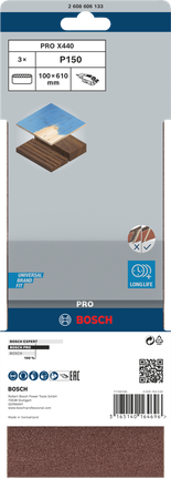 สายพานกระดาษทรายขัด PRO X440 100 x 610 มม. G150 3 ชิ้น Bosch PRO X440 กระดาษทรายสายพาน 100×610 มม. P150 3 ชิ้น