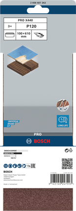 สายพานกระดาษทรายขัด PRO X440 100 x 610 มม. G120 3 ชิ้น Bosch PRO X440 กระดาษทรายสายพาน 100×610 มม. G120 3 ชิ้น
