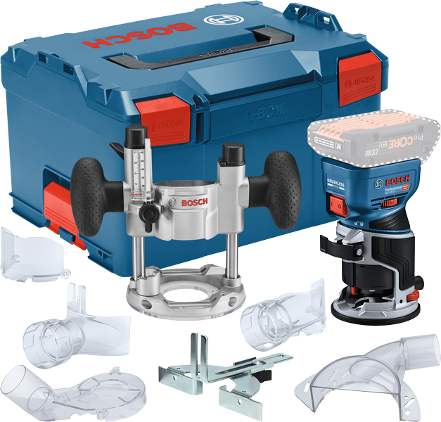 ชุดเราเตอร์ไร้สาย Bosch GKF 18V-8 พร้อมอุปกรณ์เสริม.