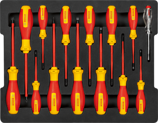 ชุดไขควง Bosch VDE คละแบบ 14 ชิ้น ในกล่องที่เปิดแล้ว