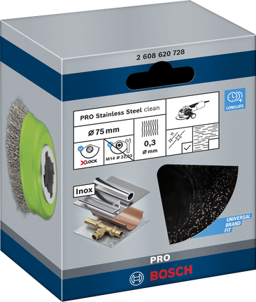 แปรงถ้วยสแตนเลส Bosch PRO 75×0.3 มม. X-Lock.