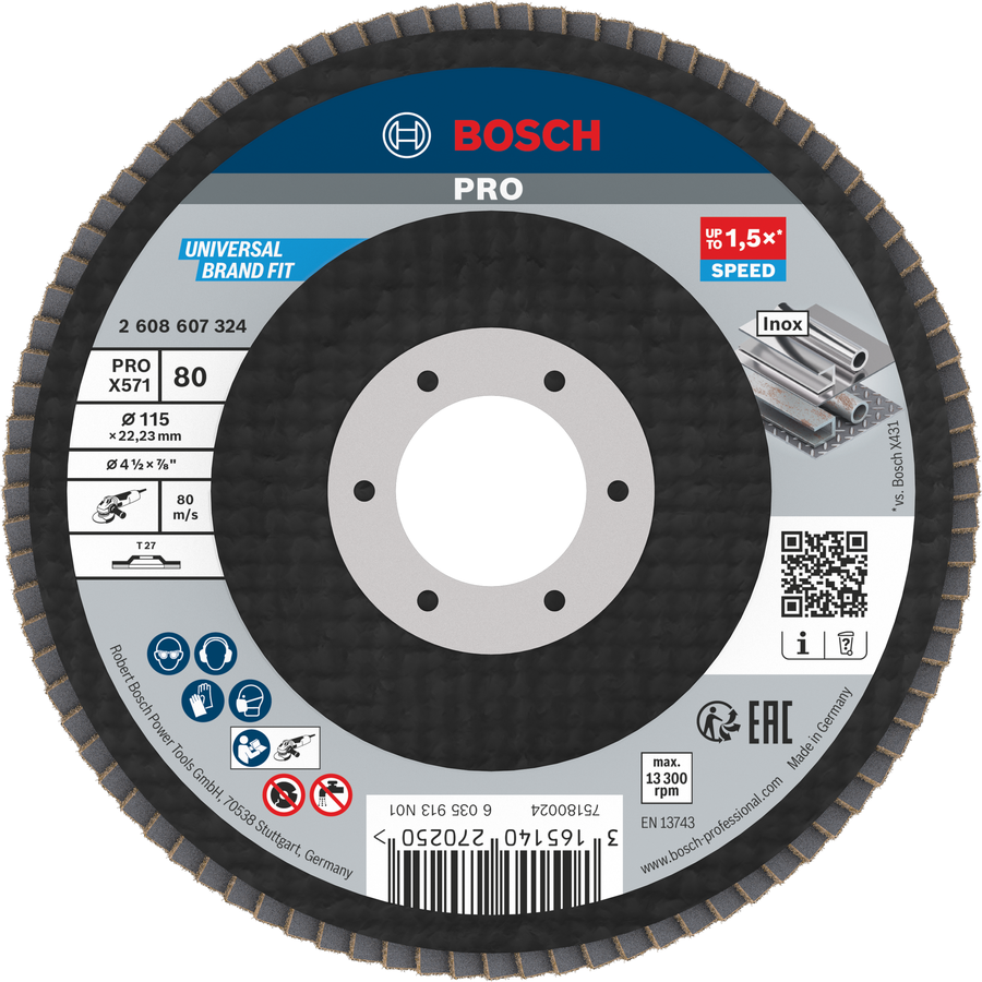 แผ่นขัดจาน Bosch PRO X571 ขนาด 115 มม. G80 สำหรับสแตนเลส